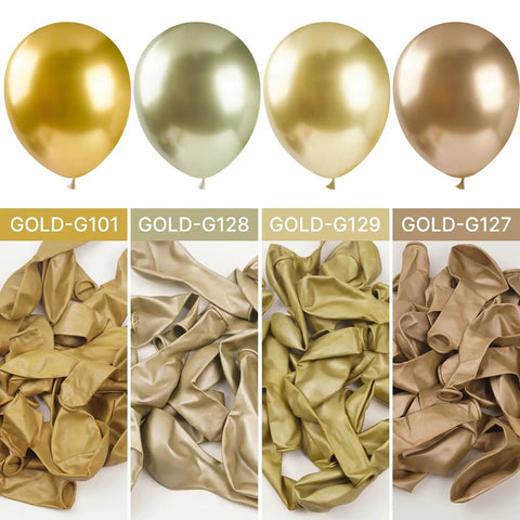 Top Tier 12 Inch Gold Latex Helium Balloons 50 Pack Slay Party Decorations in various shades and crumpled materials.