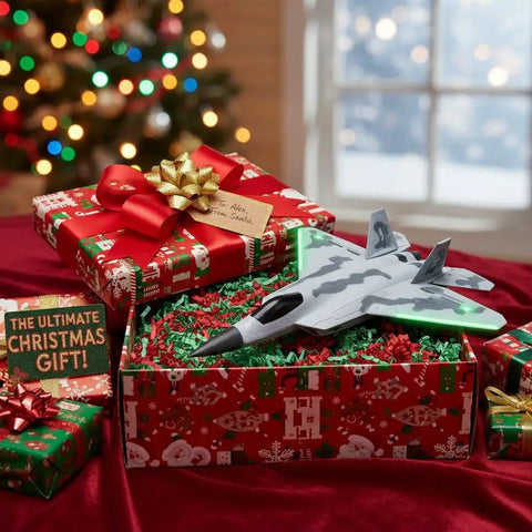 Dope Remote Control Jet Plane With Extra 3 Batteries, LED Lights, Easy To Fly displayed in Christmas setting