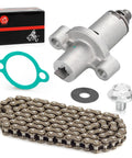 Beefed Up Cam Timing Chain And Tensioner With Gasket Compatible With Timberwolf 250 YFB250 MOTO4 250 YFM250 BearTrack Big Bear Bruin 250 YFM250 And TW200 YFM200 Quad ATVs, shown with chain, gasket, and tensioner.