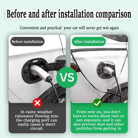 Before and after comparison of EV charging port with Keep Your Juice Box Totally Dry With This Hella Weatherproof Magnetic EV Charging Plug Port Cover Tailored For Tesla Model 3.