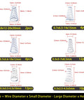 Compression Springs Kit With 100 Pcs 304 Stainless Steel Tower And Return Conical Springs Set, sizes and dimensions chart.