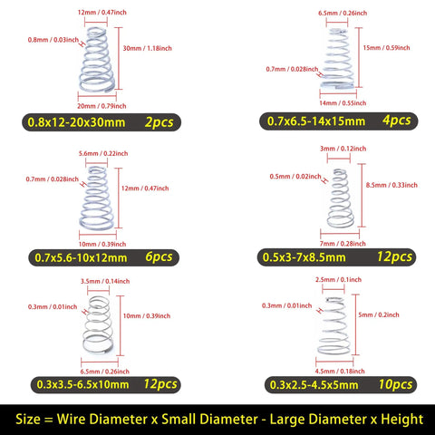 Compression Springs Kit With 100 Pcs 304 Stainless Steel Tower And Return Conical Springs Set, sizes and dimensions chart.