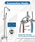 Polished Chrome Outdoor Shower Kit With Handheld Sprayer Wall Mount Double Cross Handles Adjustable Slide Bar And Dual Function Exposed Faucet System Built Tough Stainless Steel And Brass Construction Rust Resistant Easy Install showing connection mode diagram