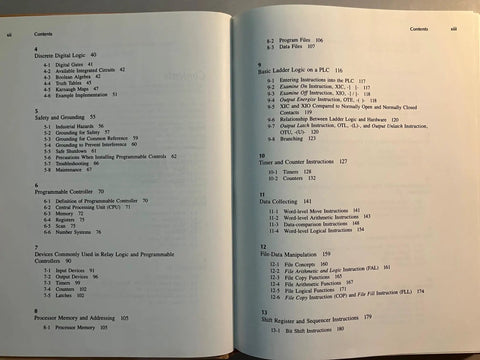 Open book showing contents section on programmable controllers, part of the guide 'Programmable Controllers And Designing Sequential Logic A Practical No Nonsense Guide For Industrial Controls Microprocessor Interfaces And Real World Control Projects' with headings on digital logic and ladder logic.