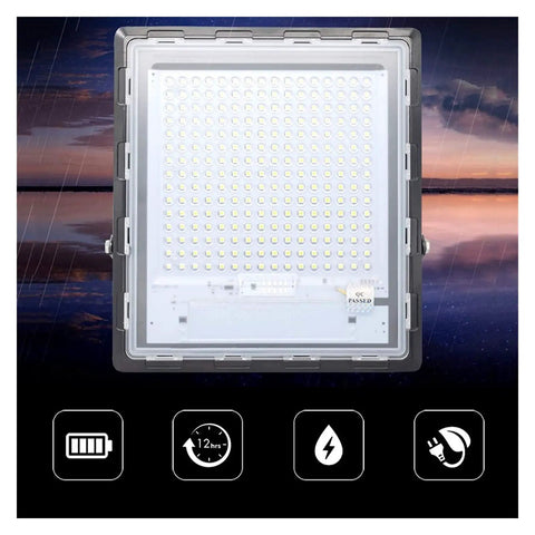 Close-up of Hella Bright Solar Flood Light With Remote Control And Smart Battery Display IP67 waterproof outdoor lamp.