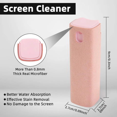 3 In 1 Screen Mist Cleaner Kit With Built In Spray And Microfiber Cloth, pink, dimensions shown, ideal for phones and screens