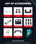 Open Air PC Test Bench Frame accessories including screws, foot pads, power supply plate, graphics card bracket, switch panel, hardware kit, screwdriver, handle.