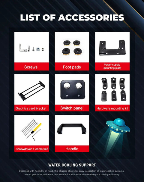 Open Air PC Test Bench Frame accessories including screws, foot pads, power supply plate, graphics card bracket, switch panel, hardware kit, screwdriver, handle.