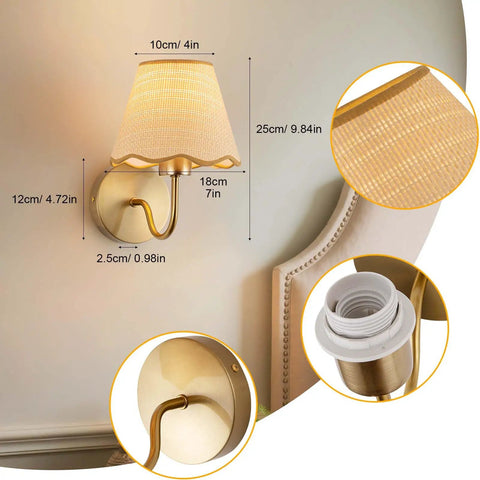 Battery Operated Wall Sconce Set Of Two With Gold Rattan Shade And Rechargeable RGB Bulbs For Wireless Bedroom Lighting showing dimensions and design features.