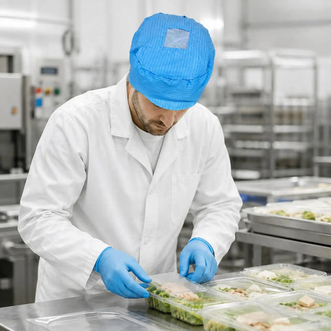 Five Pack Blue Anti Static Caps Featuring Breathable Mesh Panels And Reliable Dust Blocking Defense For Cleanrooms Laboratories And Industrial Shop Grind Heavy Duty Headwear Engineered To Keep You Cool And Confident On The Daily. Worker wearing blue cap in food prep area.