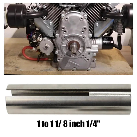 Rugged Stainless Steel Crankshaft Sleeve Converts Gas Engines From One Inch To One Eighth Fast, shown against engine backdrop.