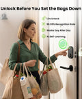 Woman unlocking the Super Smart Fingerprint Door Lock For Front Entry with grocery bags, showcasing keyless access and biometric features.