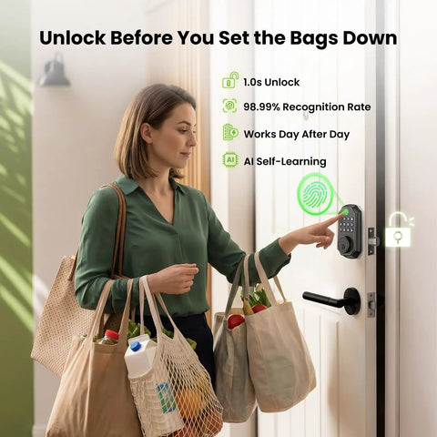 Woman unlocking the Super Smart Fingerprint Door Lock For Front Entry with grocery bags, showcasing keyless access and biometric features.