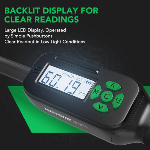 Close-up of Pro Grade Digital Torque Wrench With Preset Value For Quick, Accurate Tightening 5 To 99.5 Ft-Lbs (6.8-135 Nm) display