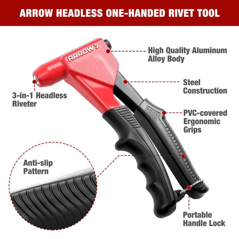 Arrow Headless Pop Rivet Gun One Handed Automatic Size Adjustment For 1 8 5 32 3 16 Inch Rivets ergonomic design with PVC grips