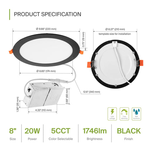 4 Pack 8 Inch LED Recessed Ceiling Lights, 20W, Five Color Temperatures 2700K to 5000K, CRI90, IC Rated, Easy Install, Ultra Thin Dimmable Canless Wafer Downlight, Round Slim Panel Lighting, UL Listed, Black