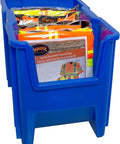 Open Front Stackable Storage Bins For Garage And Home Organization, Heavy Duty Plastic Organizer Set In Blue 4 Pack with vests
