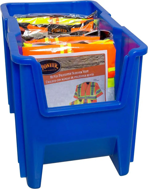 Open Front Stackable Storage Bins For Garage And Home Organization, Heavy Duty Plastic Organizer Set In Blue 4 Pack with vests