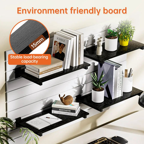 Six Shelf Wood Slatwall Shelves Kit With 12 Steel Brackets For Garage, Home Improvement And Retail Display installed, holding books and plants, 15.8 W X 8 D X 0.6 H Inches Slat Wall Shelf Storage Solution