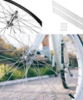 Stainless Steel Bicycle Spokes 260mm 10.2 Inch 14G For Mountain And Road Bikes Includes 14mm Spoke Caps Ultra Durable Rust Resistant MTB Spokes Set Of 36 with close-up of assembled wheel.