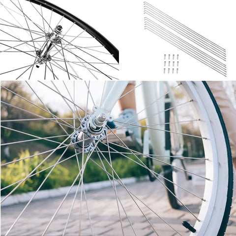 Stainless Steel Bicycle Spokes 260mm 10.2 Inch 14G For Mountain And Road Bikes Includes 14mm Spoke Caps Ultra Durable Rust Resistant MTB Spokes Set Of 36 with close-up of assembled wheel.