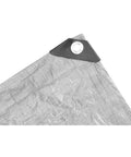 Close-up of Heavy Duty Camping Tarp 8x10 Feet Weatherproof Shelter, showing corner grommet and reinforced edge, silver color.