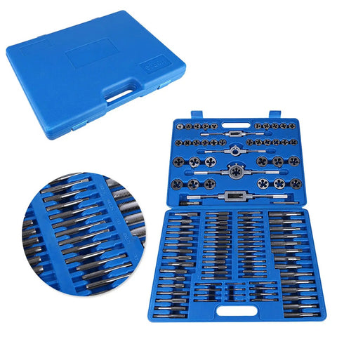 Top Notch 110 Piece M2 Metric Carbon Steel Thread Tap And Die Set For Metalworkers, Perfect For Cutting Female And Male Threads On Nuts Bolts Hardware Projects. Blue case with tap and die tools