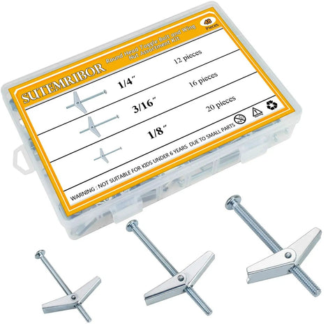 Heavy Duty Toggle Bolts And Wing Nut Set For Drywall Hanging One Eighth Inch Three Sixteenth Inch And One Quarter Inch Sizes Zinc Plated Carbon Steel For Rust Resistance Collapsible Design Includes 48 Pieces For Shelves Mirrors And TVs. Assorted toggle bolts in storage case
