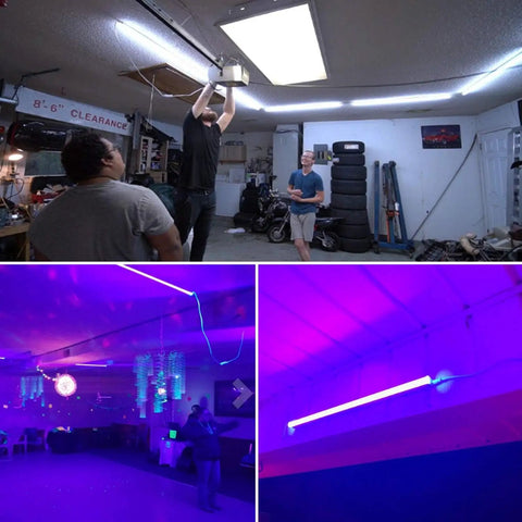 6 Foot LED Tube Light Linkable Cord For T5 And T8 Fixtures Double End Connector Cable Power Extension Wire For Integrated LED Lighting Easy Plug In Shop Garage Under Cabinet Lighting 4 Pack installed in garage and party room.