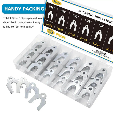Clear box of 152 Piece Auto Alignment Shims Kit For Car Body And Suspension Adjustment With Zinc Plated Spacers In 1/64 1/32 1/16 And 1/8 Inch Sets For Camber And Caster Tuning Rust Resistant And Durable.