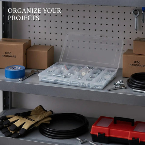 M3 To M6 Carbon Steel Screw Nut And Washer All In One Kit with box and gloves on shelf for DIY projects