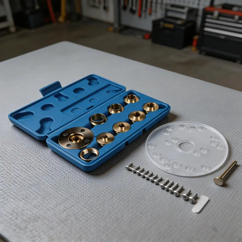 Top Shelf Ten Piece Brass Router Guide Bushing Set With Slick Acrylic Base Plate And Bullseye Centering Pin Metric 10mm To 30mm displayed in case.