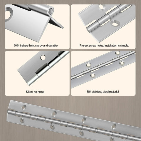 Detailed view of 12 Inch Stainless Steel Piano Hinge 3 Pack Continuous Hinges with holes for boats, cabinets, storage boxes, doors and windows.