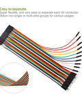 Close-up of 120 Piece 30cm Jumper Wire Kit With 2.54mm Dupont Cables, colorful ribbon leads shown with male and female connectors.