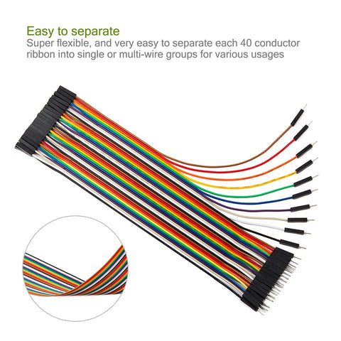 Close-up of 120 Piece 30cm Jumper Wire Kit With 2.54mm Dupont Cables, colorful ribbon leads shown with male and female connectors.