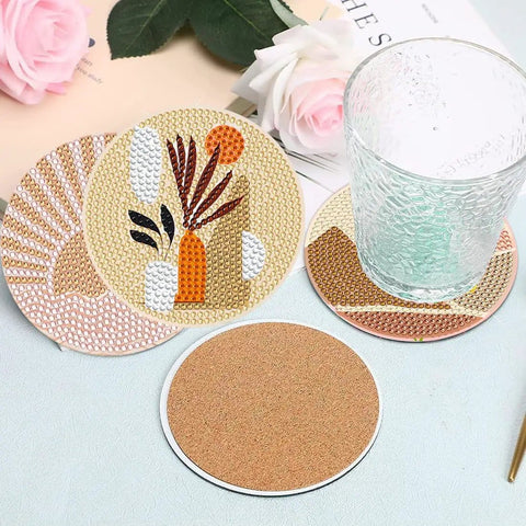 Eight Pack Landscape Diamond Painting Coasters With Holder Complete DIY Kit For Adults Round Full Drill 5D Gem Dots Craft Set