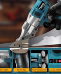 Cordless Metal Shear Cutter For Makita 18V Batteries in use, showing blade and handle details with LED light feature