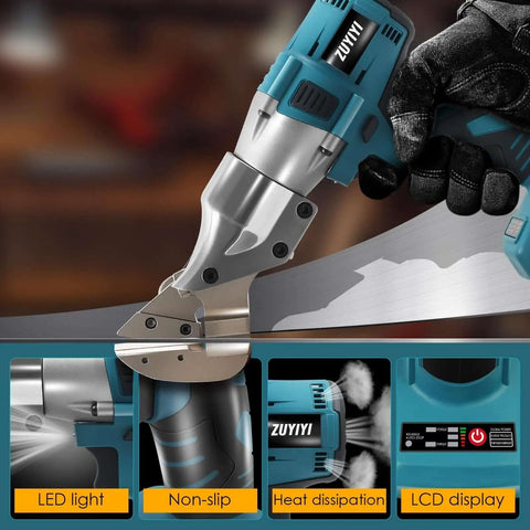Cordless Metal Shear Cutter For Makita 18V Batteries in use, showing blade and handle details with LED light feature