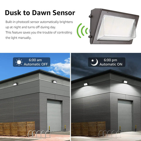 LED Wall Pack Light With Dusk To Dawn Photocell 120W 17400 Lumens installed outside building, showing day and night operation.