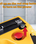 Heavy Duty Electric Pallet Jack 3300 Lbs Load Capacity With Dual Lithium Batteries power button close-up showing red stop button.