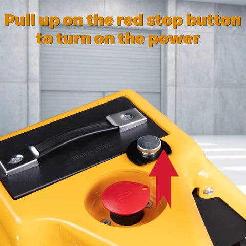 Heavy Duty Electric Pallet Jack 3300 Lbs Load Capacity With Dual Lithium Batteries power button close-up showing red stop button.