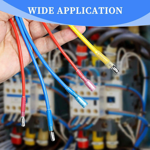 320 Piece Heat Shrink Bullet Connectors Kit With Female And Male Terminals shown in red, blue, yellow for electrical connections