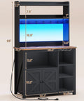 35.4 Inch Coffee Bar Cabinet With Power Outlet And Storage, Boss Level Farmhouse Microwave Stand With Hutch, LED Lights, Black
