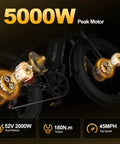 Dual Motor Electric Bike For Adults With 5000W Peak Power And 45 MPH Top Speed graphics showcasing motor specs