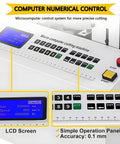High Power Automatic Electric Heat Shrink Tube Cutter For PVC PE Pipe 0 1 To 9999 9 Mm with LCD control panel and operational buttons.