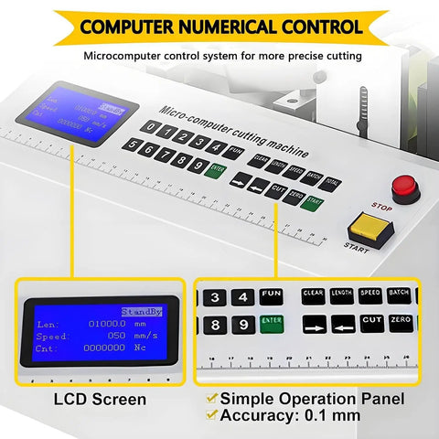 Multifunctional Automatic Heat Shrink Tubing Cutter 300W Machine For Tubes Pipes Cables And Sheets Width 100 Mm With Cold Cutting Feature LCD control panel with buttons.