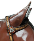 Custom Western Leather Headstall And Breast Collar Tack Set Showcasing Fire Painted Finish with decorative floral concho.