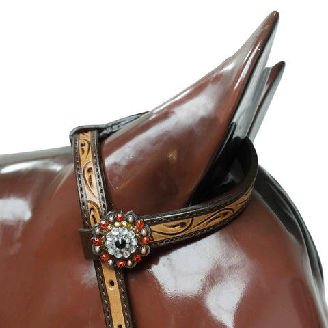 Custom Western Leather Headstall And Breast Collar Tack Set Showcasing Fire Painted Finish with decorative floral concho.