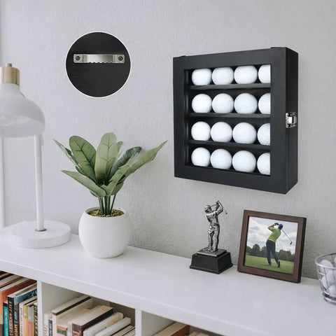 Golf Ball Display Case With 16 Slots For Wall Mount Display Clear Glass Door And Lock, shown filled and mounted on wall