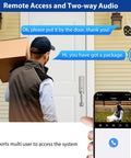 Remote access with solar battery powered wireless security camera displaying delivery through phone app